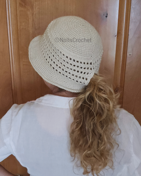 Ponytail Mesh Bucket Hat – Off-White Crochet Hat with Bun Hole (Size S/M) - Image 5