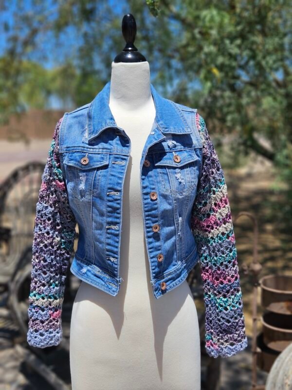Boho Revival Jean Jacket – Crocheted Lace Sleeves (Size Small) - Image 3
