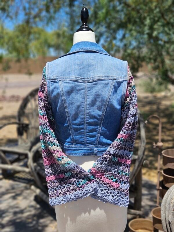 Boho Revival Jean Jacket – Crocheted Lace Sleeves (Size Small) - Image 2