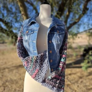 Boho Revival Jean Jacket – Crocheted Lace Sleeves (Size Small)