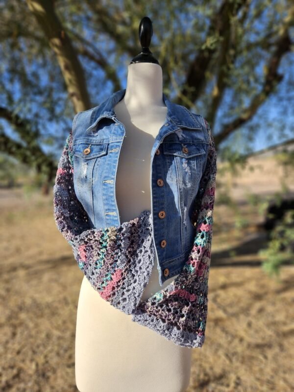 Boho Revival Jean Jacket – Crocheted Lace Sleeves (Size Small)
