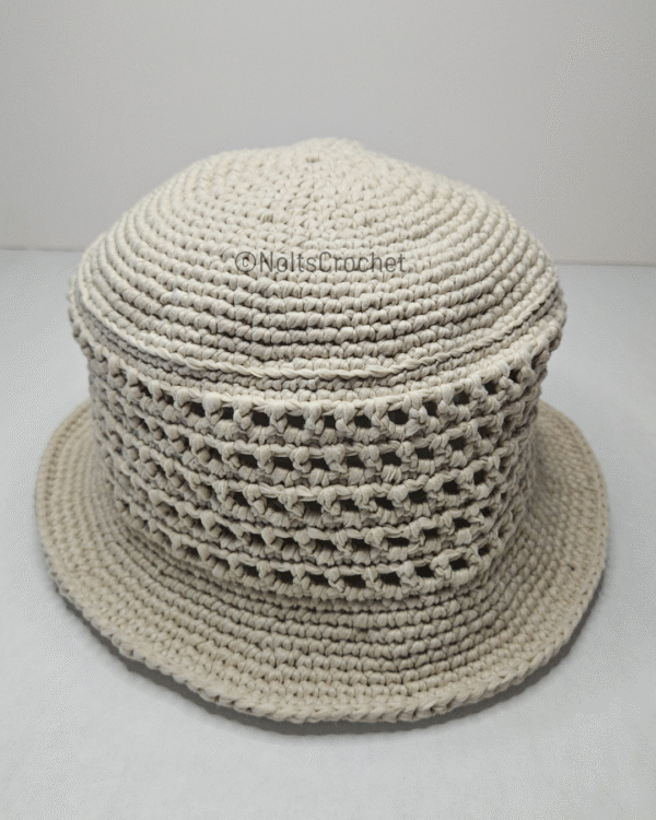 Ponytail Mesh Bucket Hat – Off-White Crochet Hat with Bun Hole (Size S/M) - Image 3