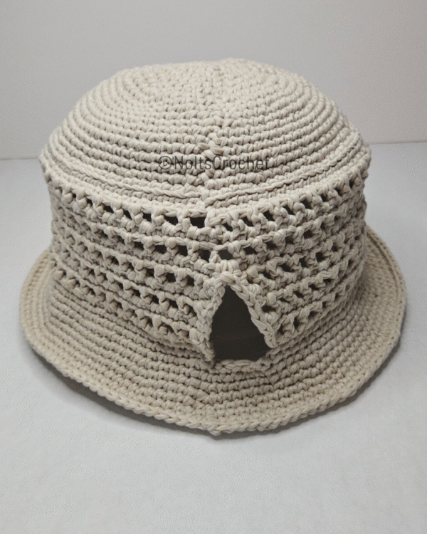 Ponytail Mesh Bucket Hat – Off-White Crochet Hat with Bun Hole (Size S/M) - Image 4