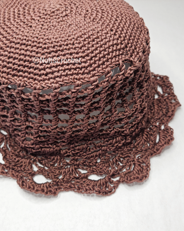 Mocha Lace Crochet Bucket Hat – Flirty Mesh Sides & Lacy Brim (Size S/M)