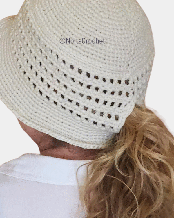 Ponytail Mesh Bucket Hat – Off-White Crochet Hat with Bun Hole (Size S/M)